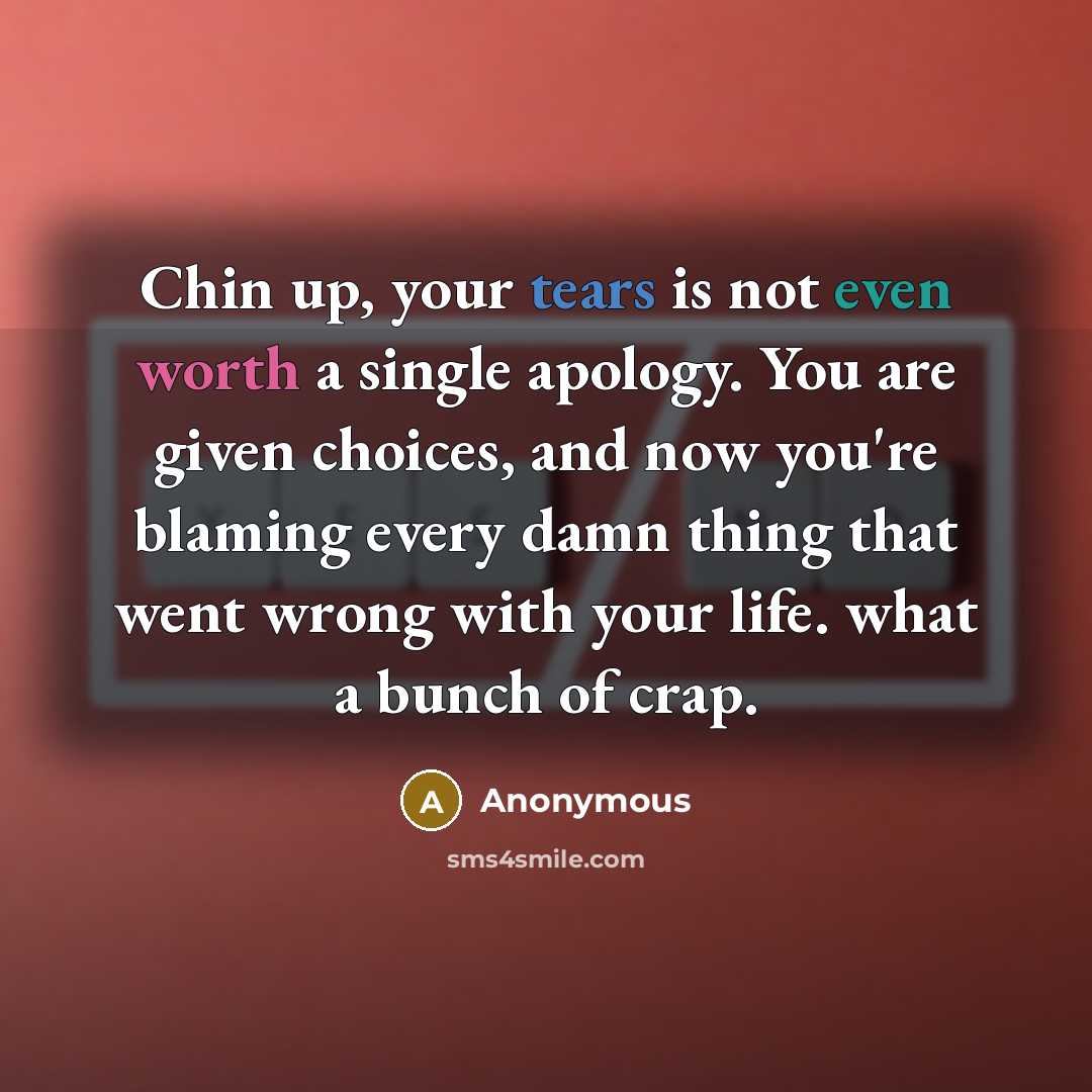 “Chin up, your tears is not even worth a single apology. You are given choices, and now you're blaming every damn thing that went wrong with your life. what a bunch of crap.” quote by Anonymous