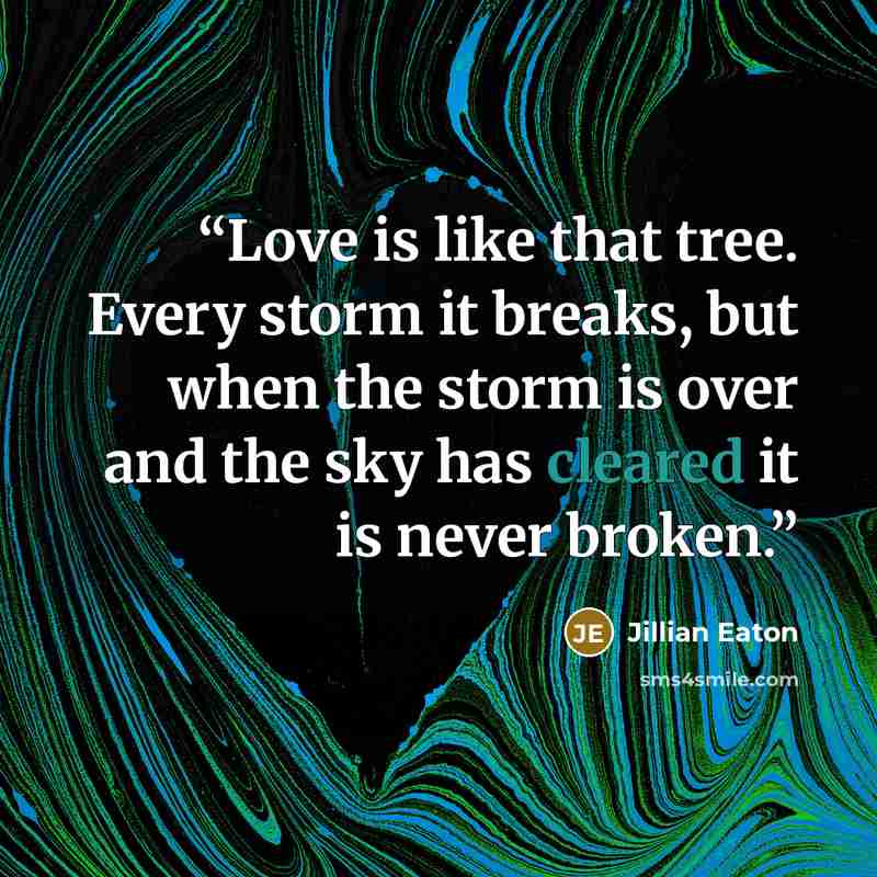 “Love is like that tree. Every storm it breaks, but when the storm is over and the sky has cleared it is never broken.” quote by Jillian Eaton