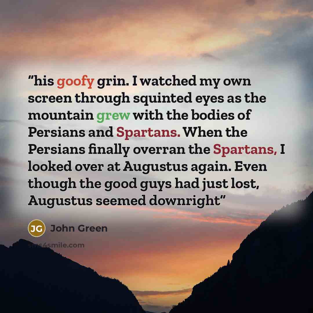“his goofy grin. I watched my own screen through squinted eyes as the mountain grew with the bodies of Persians and Spartans. When the Persians finally overran the Spartans, I looked over at Augustus again. Even though the good guys had just lost, Augustus seemed downright” quote by John Green