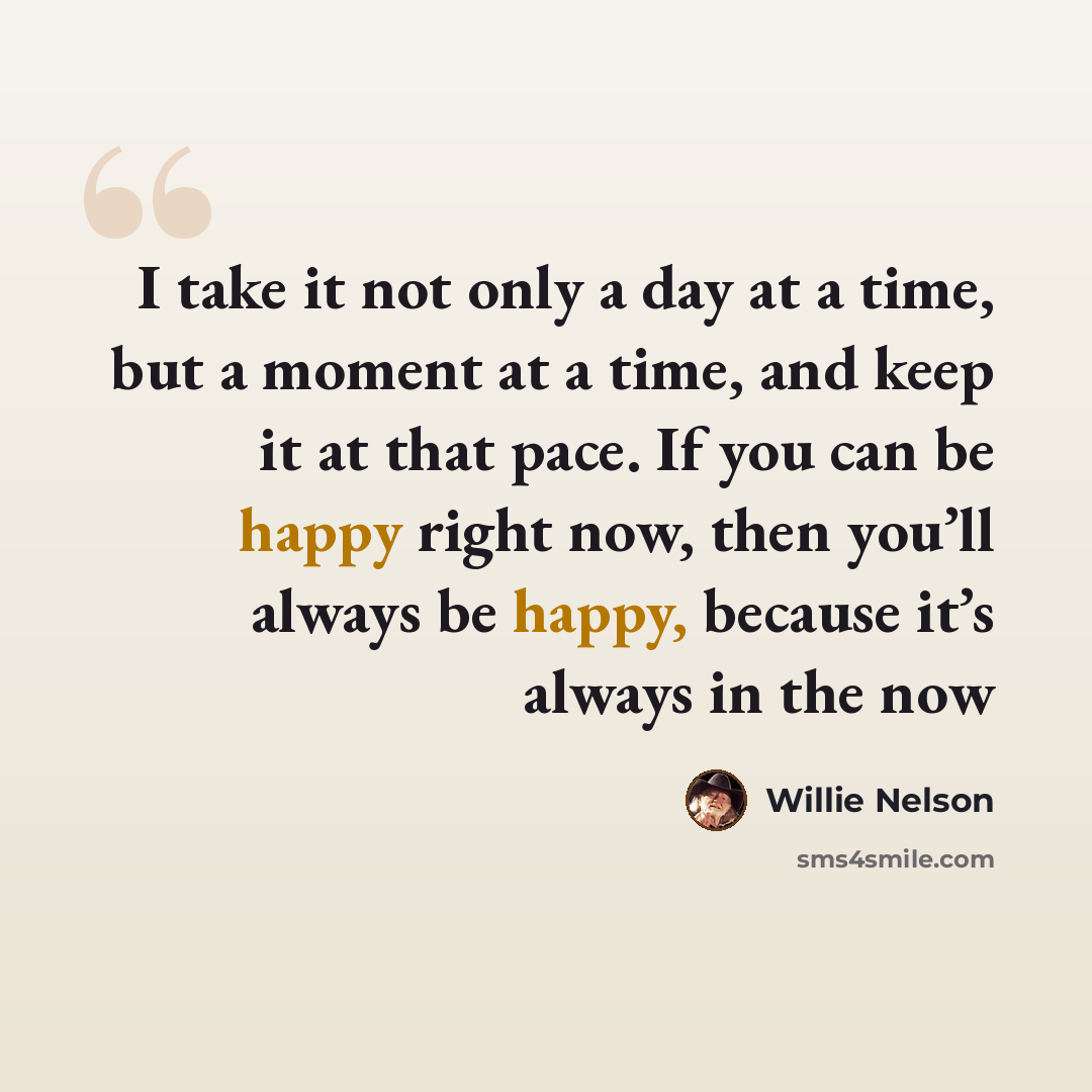 “I take it not only a day at a time, but a moment at a time, and keep it at that pace. If you can be happy right now, then you’ll always be happy, because it’s always in the now” quote by Willie Nelson