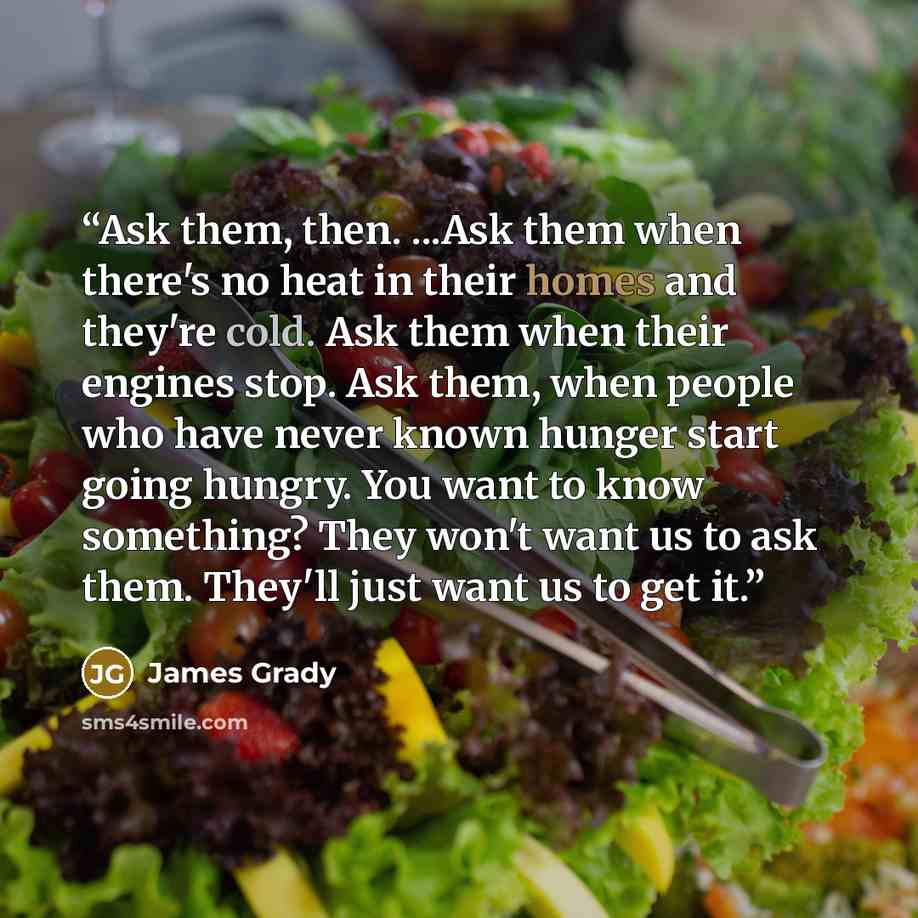“Ask them, then. ...Ask them when there's no heat in their homes and they're cold. Ask them when their engines stop. Ask them, when people who have never known hunger start going hungry. You want to know something? They won't want us to ask them. They'll just want us to get it.” quote by James Grady