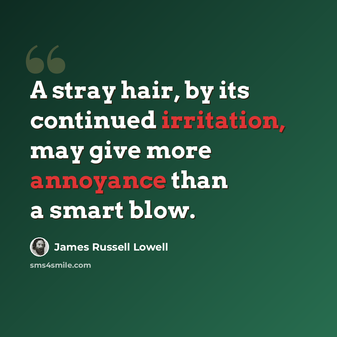 “A stray hair, by its continued irritation, may give more annoyance than a smart blow.” quote by James Russell Lowell