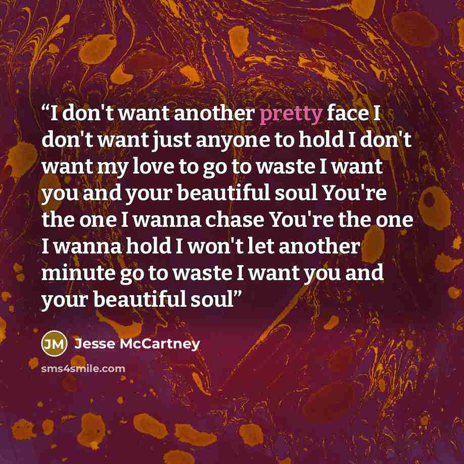 “I don't want another pretty face I don't want just anyone to hold I don't want my love to go to waste I want you and your beautiful soul You're the one I wanna chase You're the one I wanna hold I won't let another minute go to waste I want you and your beautiful soul” quote by Jesse McCartney