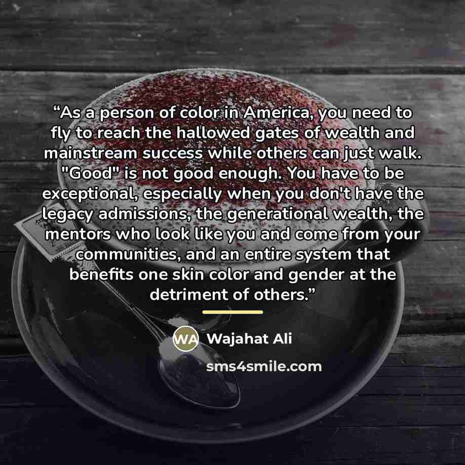 “As a person of color in America, you need to fly to reach the hallowed gates of wealth and mainstream success while others can just walk. "Good" is not good enough. You have to be exceptional, especially when you don't have the legacy admissions, the generational wealth, the mentors who look like…” quote by Wajahat Ali