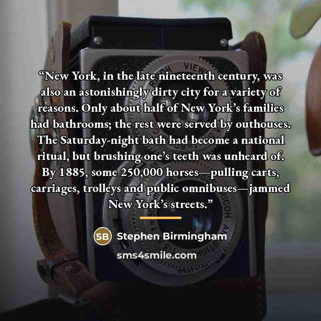 “New York, in the late nineteenth century, was also an astonishingly dirty city for a variety of reasons. Only about half of New York’s families had bathrooms; the rest were served by outhouses. The Saturday-night bath had become a national ritual, but brushing one’s teeth was unheard of. By 1885…” quote by Stephen Birmingham
