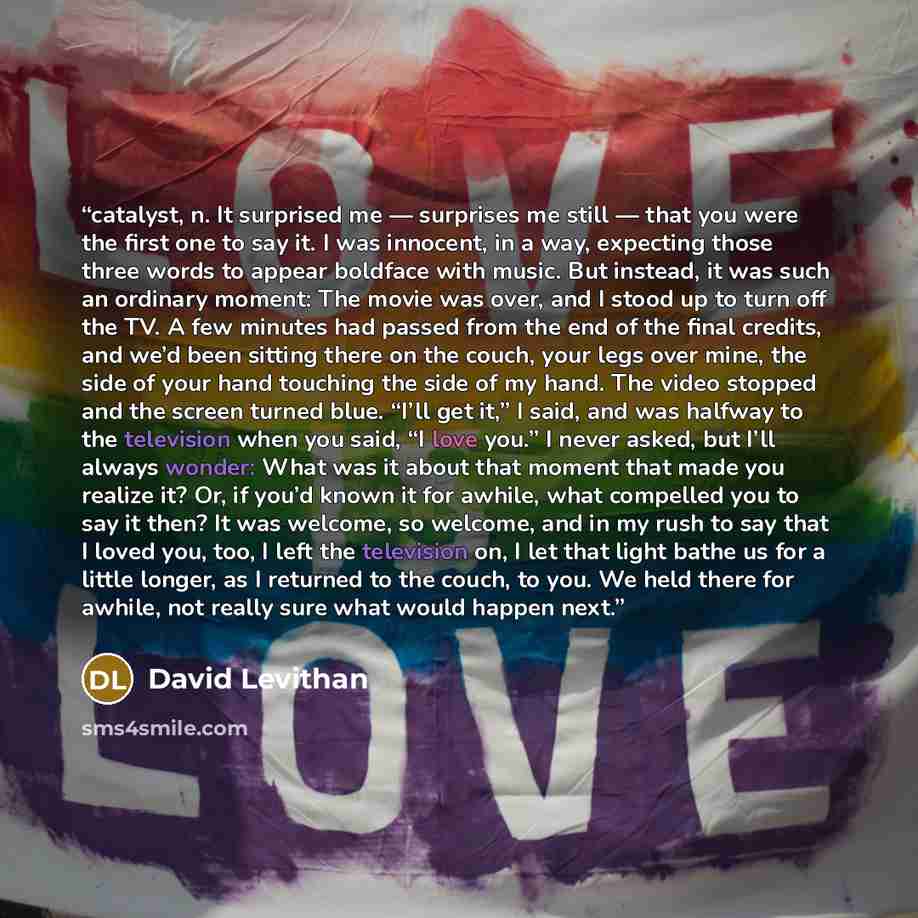“catalyst, n. It surprised me — surprises me still — that you were the first one to say it. I was innocent, in a way, expecting those three words to appear boldface with music. But instead, it was such an ordinary moment: The movie was over, and I stood up to turn off the TV. A few minutes had…” quote by David Levithan