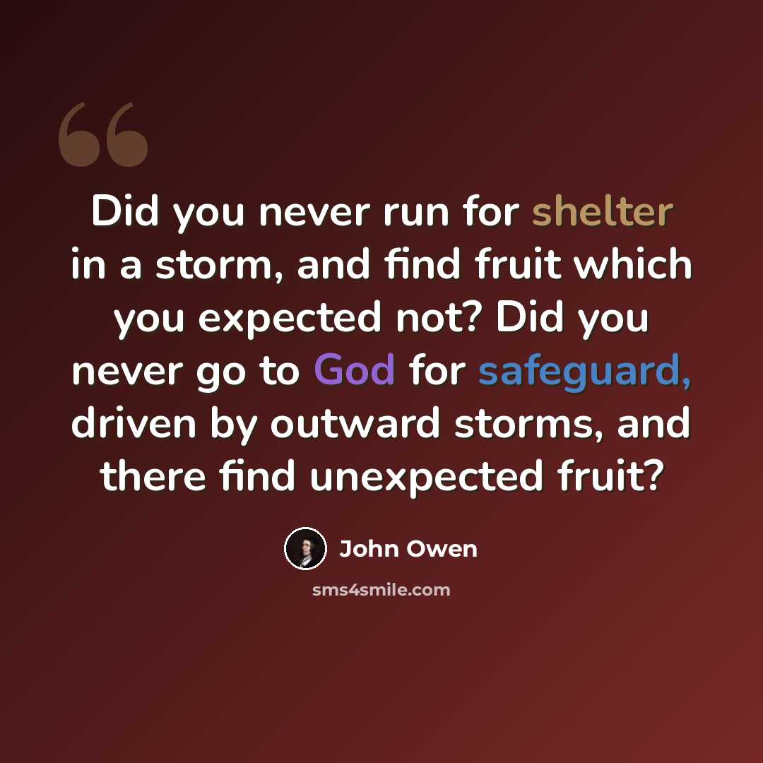 “Did you never run for shelter in a storm, and find fruit which you expected not? Did you never go to God for safeguard, driven by outward storms, and there find unexpected fruit?” quote by John Owen