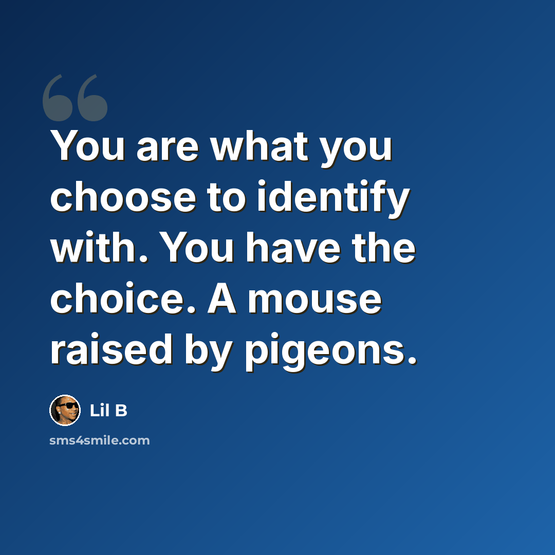 “You are what you choose to identify with. You have the choice. A mouse raised by pigeons.” quote by Lil B