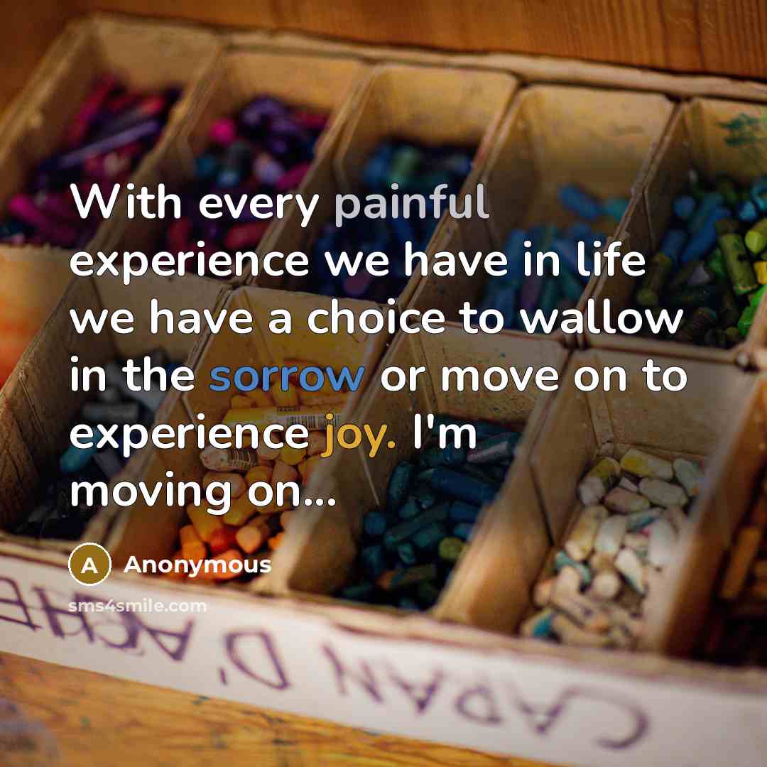 “With every painful experience we have in life we have a choice to wallow in the sorrow or move on to experience joy. I'm moving on...” quote by Anonymous