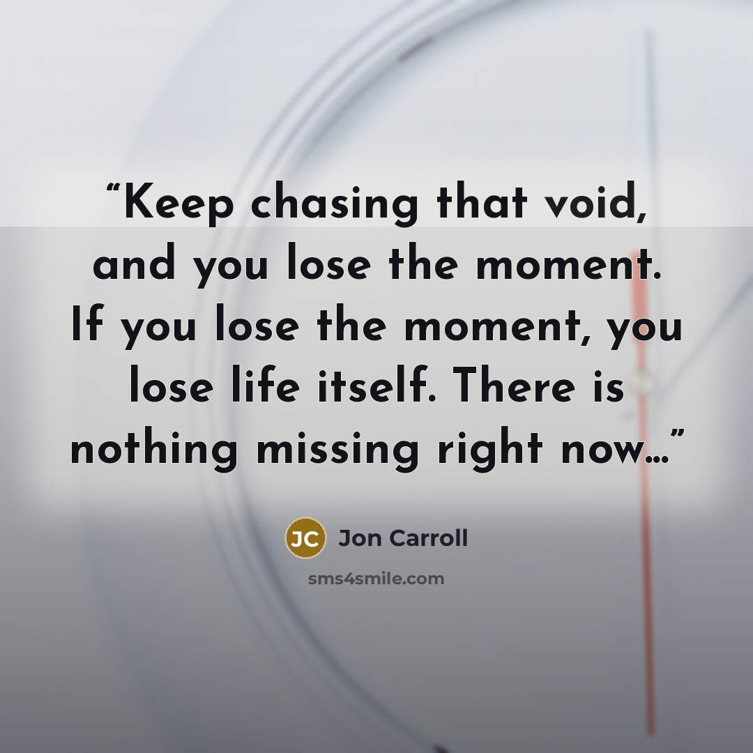 “Keep chasing that void, and you lose the moment. If you lose the moment, you lose life itself. There is nothing missing right now...” quote by Jon Carroll