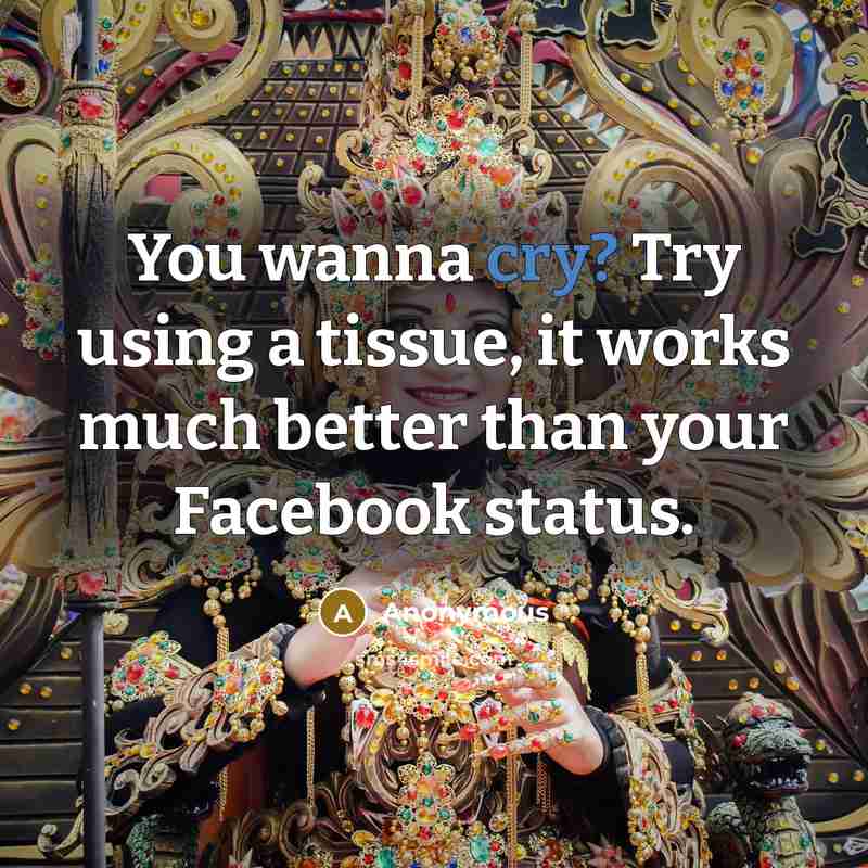 “You wanna cry? Try using a tissue, it works much better than your Facebook status.” quote by Anonymous