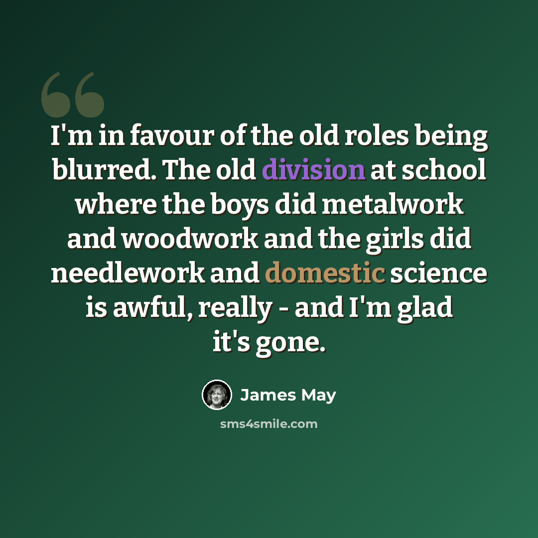 “I'm in favour of the old roles being blurred. The old division at school where the boys did metalwork and woodwork and the girls did needlework and domestic science is awful, really - and I'm glad it's gone.” quote by James May