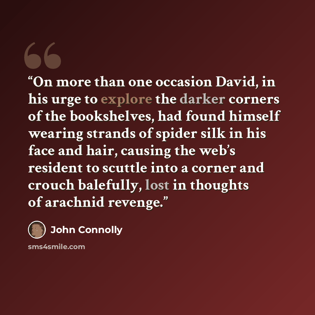 “On more than one occasion David, in his urge to explore the darker corners of the bookshelves, had found himself wearing strands of spider silk in his face and hair, causing the web’s resident to scuttle into a corner and crouch balefully, lost in thoughts of arachnid revenge.” quote by John Connolly
