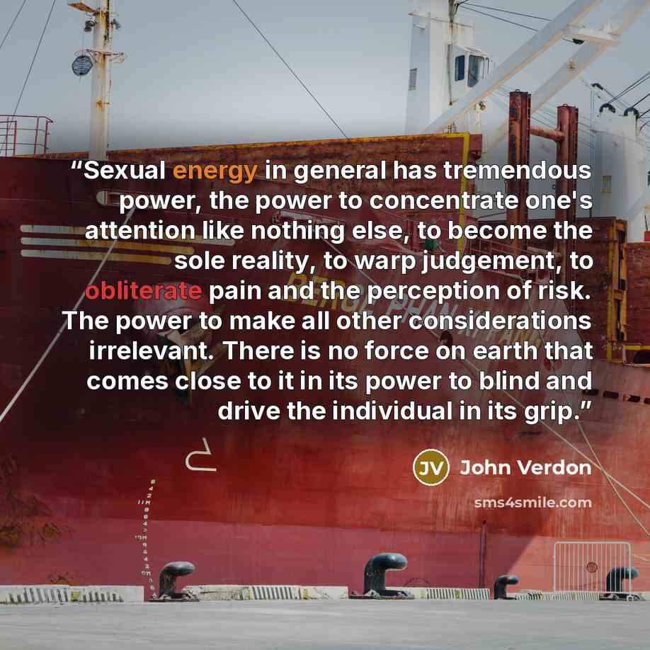 “Sexual energy in general has tremendous power, the power to concentrate one's attention like nothing else, to become the sole reality, to warp judgement, to obliterate pain and the perception of risk. The power to make all other considerations irrelevant. There is no force on earth that comes…” quote by John Verdon