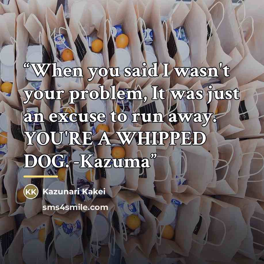 “When you said I wasn't your problem, It was just an excuse to run away. YOU'RE A WHIPPED DOG. -Kazuma” quote by Kazunari Kakei