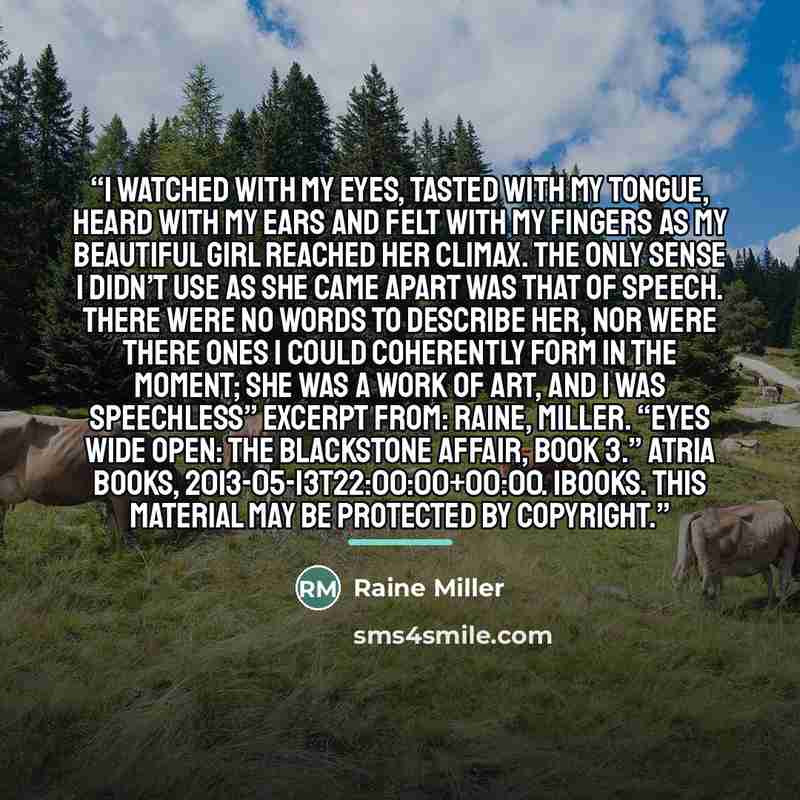 “I watched with my eyes, tasted with my tongue, heard with my ears and felt with my fingers as my beautiful girl reached her climax. The only sense I didn’t use as she came apart was that of speech. There were no words to describe her, nor were there ones I could coherently form in the moment; she…” quote by Raine Miller