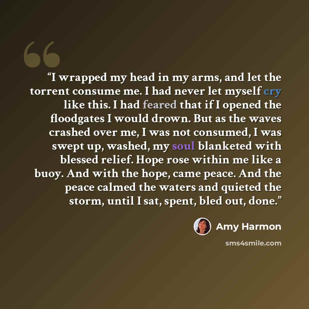 “I wrapped my head in my arms, and let the torrent consume me. I had never let myself cry like this. I had feared that if I opened the floodgates I would drown. But as the waves crashed over me, I was not consumed, I was swept up, washed, my soul blanketed with blessed relief. Hope rose within me…” quote by Amy Harmon