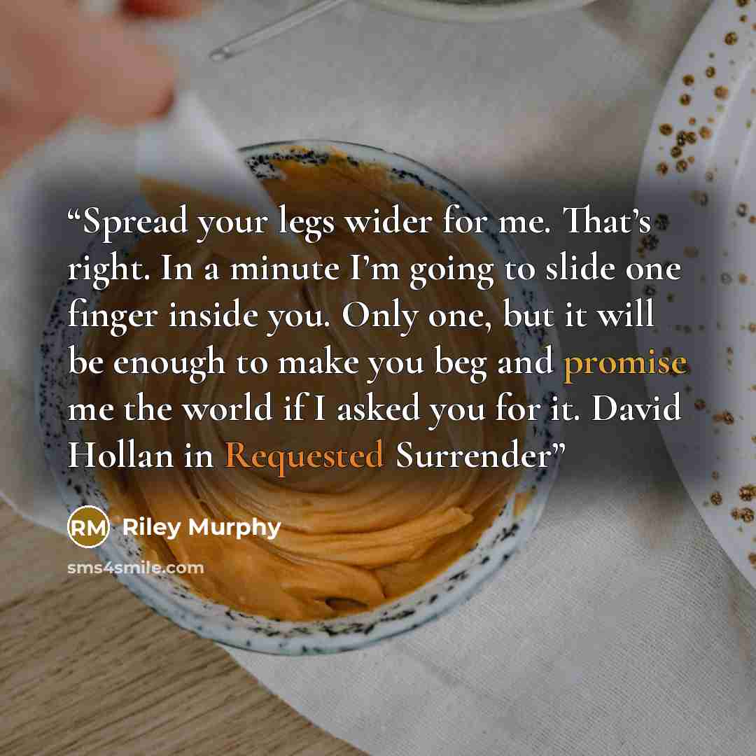 “Spread your legs wider for me. That’s right. In a minute I’m going to slide one finger inside you. Only one, but it will be enough to make you beg and promise me the world if I asked you for it. David Hollan in Requested Surrender” quote by Riley Murphy