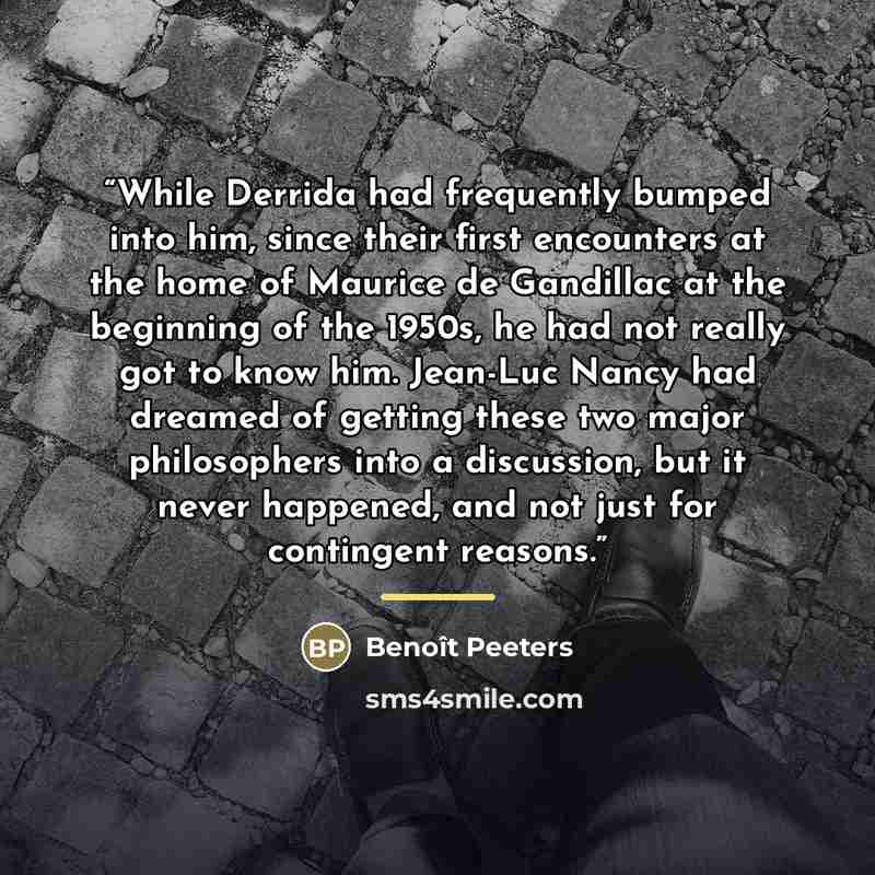 “While Derrida had frequently bumped into him, since their first encounters at the home of Maurice de Gandillac at the beginning of the 1950s, he had not really got to know him. Jean-Luc Nancy had dreamed of getting these two major philosophers into a discussion, but it never happened, and not just…” quote by Benoît Peeters