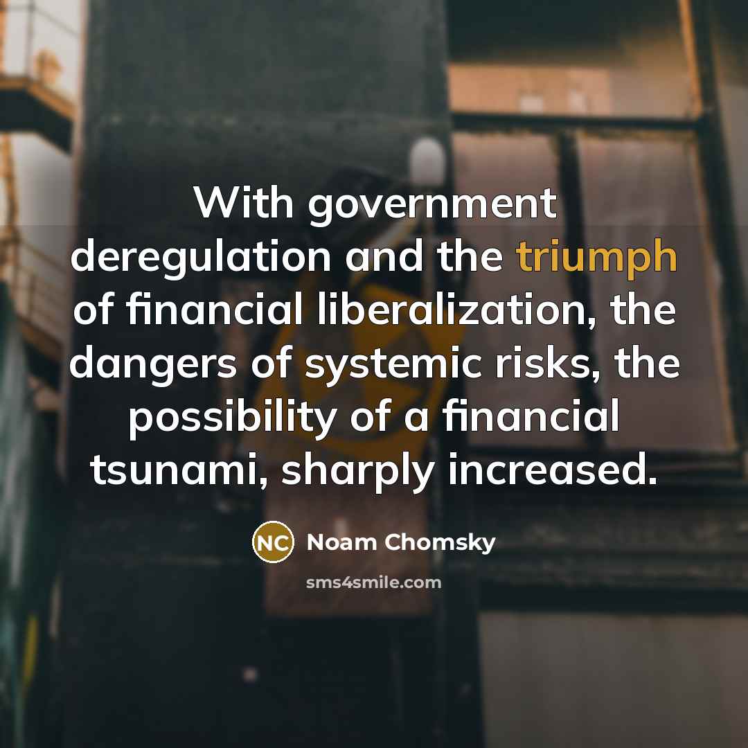 “With government deregulation and the triumph of financial liberalization, the dangers of systemic risks, the possibility of a financial tsunami, sharply increased.” quote by Noam Chomsky