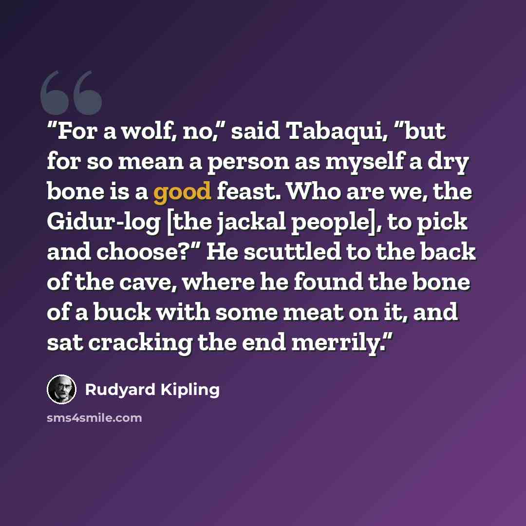 “For a wolf, no,” said Tabaqui, “but for so mean a person as myself a dry bone is a good feast. Who are we, the Gidur-log [the jackal people], to pick and choose?” He scuttled to the back of the cave, where he found the bone of a buck with some meat on it, and sat cracking the end merrily.” quote by Rudyard Kipling
