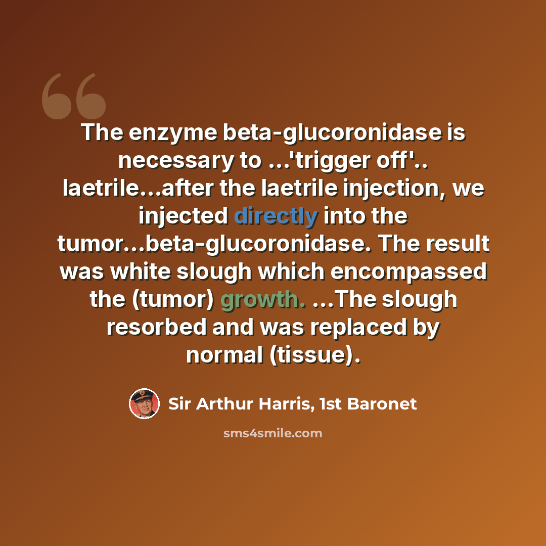 “The enzyme beta-glucoronidase is necessary to ...'trigger off'.. laetrile…after the laetrile injection, we injected directly into the tumor...beta-glucoronidase. The result was white slough which encompassed the (tumor) growth. ...The slough resorbed and was replaced by normal (tissue).” quote by Sir Arthur Harris, 1st Baronet