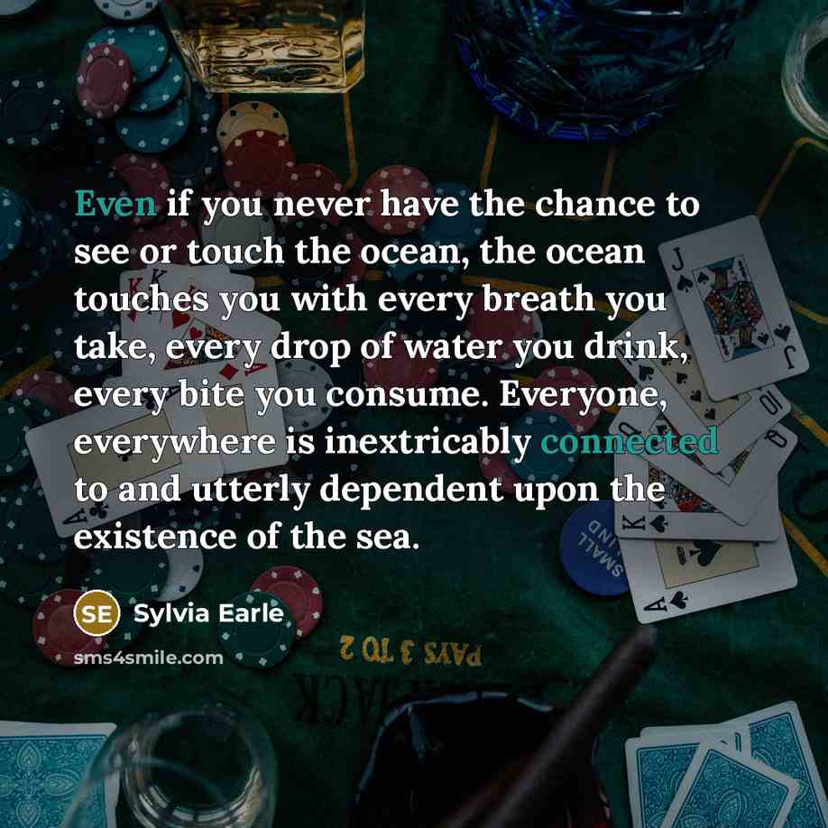 “Even if you never have the chance to see or touch the ocean, the ocean touches you with every breath you take, every drop of water you drink, every bite you consume. Everyone, everywhere is inextricably connected to and utterly dependent upon the existence of the sea.” quote by Sylvia Earle