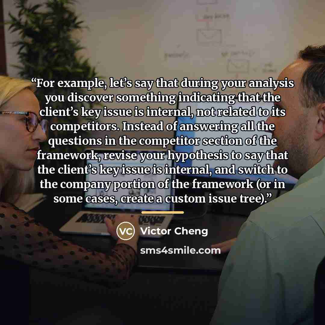 “For example, let’s say that during your analysis you discover something indicating that the client’s key issue is internal, not related to its competitors. Instead of answering all the questions in the competitor section of the framework, revise your hypothesis to say that the client’s key issue…” quote by Victor Cheng