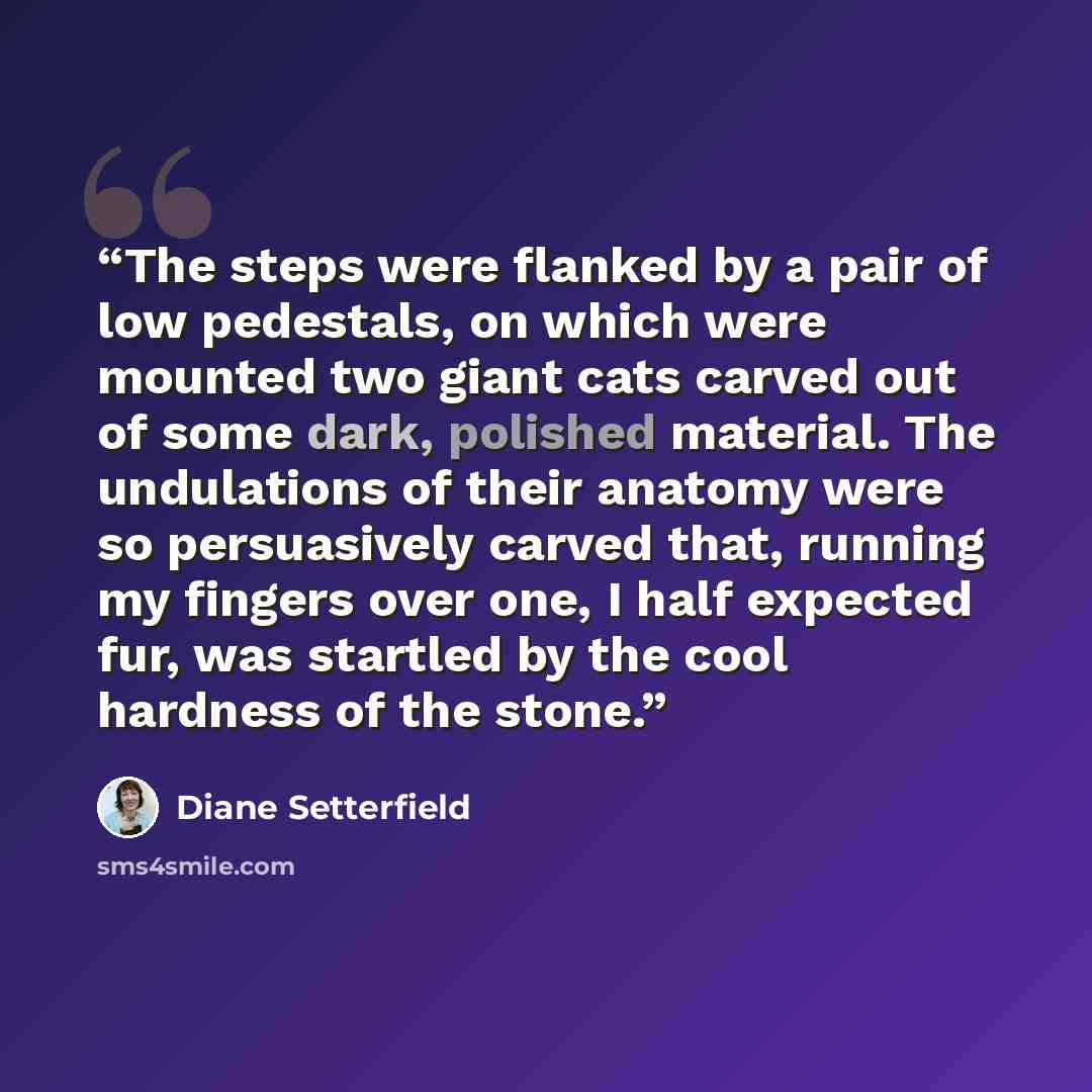 “The steps were flanked by a pair of low pedestals, on which were mounted two giant cats carved out of some dark, polished material. The undulations of their anatomy were so persuasively carved that, running my fingers over one, I half expected fur, was startled by the cool hardness of the stone.” quote by Diane Setterfield