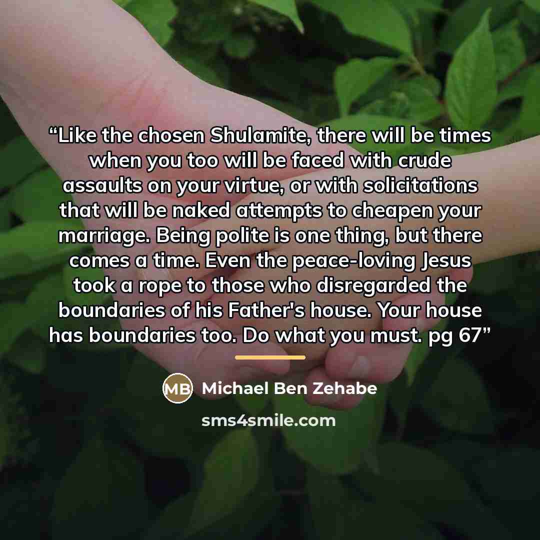 “Like the chosen Shulamite, there will be times when you too will be faced with crude assaults on your virtue, or with solicitations that will be naked attempts to cheapen your marriage. Being polite is one thing, but there comes a time. Even the peace-loving Jesus took a rope to those who…” quote by Michael Ben Zehabe