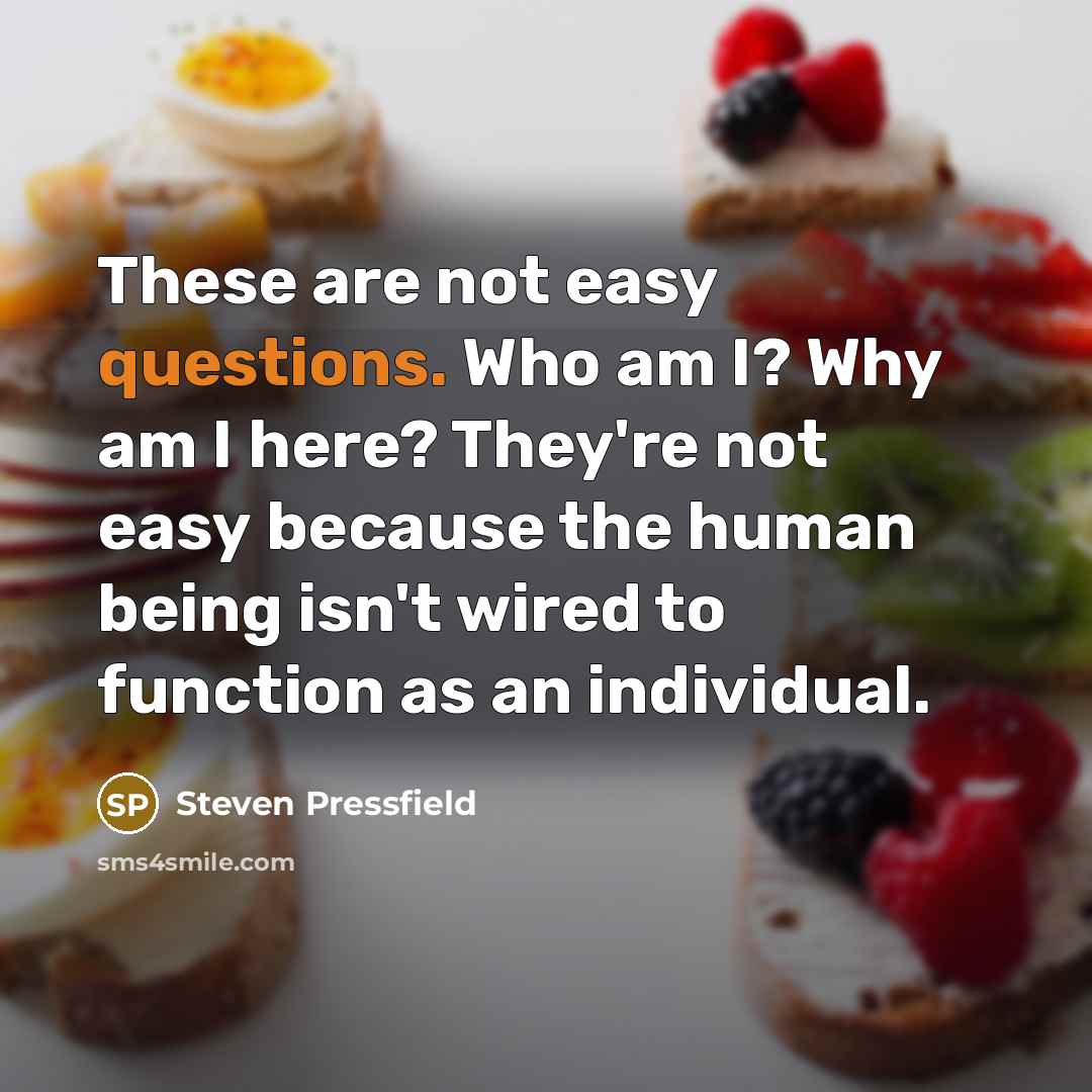 “These are not easy questions. Who am I? Why am I here? They're not easy because the human being isn't wired to function as an individual.” quote by Steven Pressfield