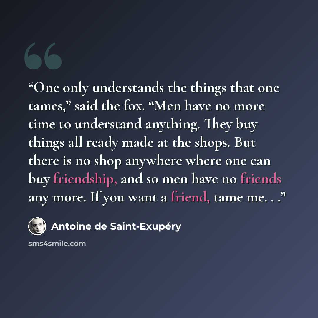 “One only understands the things that one tames,” said the fox. “Men have no more time to understand anything. They buy things all ready made at the shops. But there is no shop anywhere where one can buy friendship, and so men have no friends any more. If you want a friend, tame me. . .” quote by Antoine de Saint-Exupéry