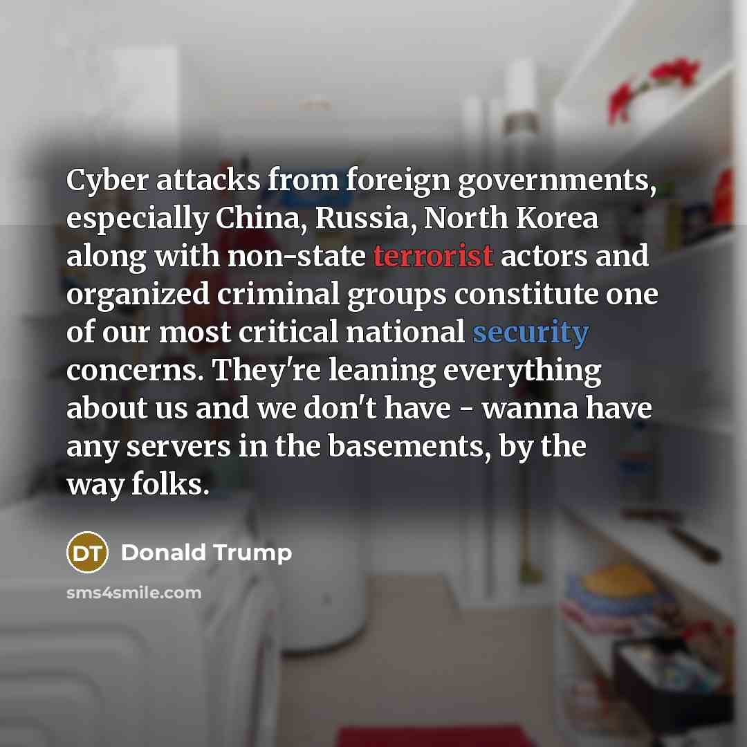 “Cyber attacks from foreign governments, especially China, Russia, North Korea along with non-state terrorist actors and organized criminal groups constitute one of our most critical national security concerns. They're leaning everything about us and we don't have - wanna have any servers in the…” quote by Donald Trump