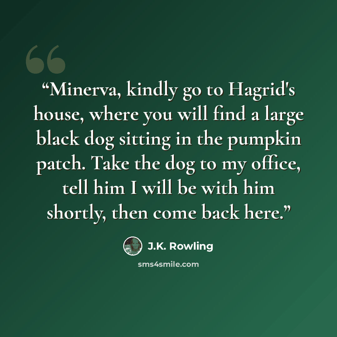 “Minerva, kindly go to Hagrid's house, where you will find a large black dog sitting in the pumpkin patch. Take the dog to my office, tell him I will be with him shortly, then come back here.” quote by J.K. Rowling