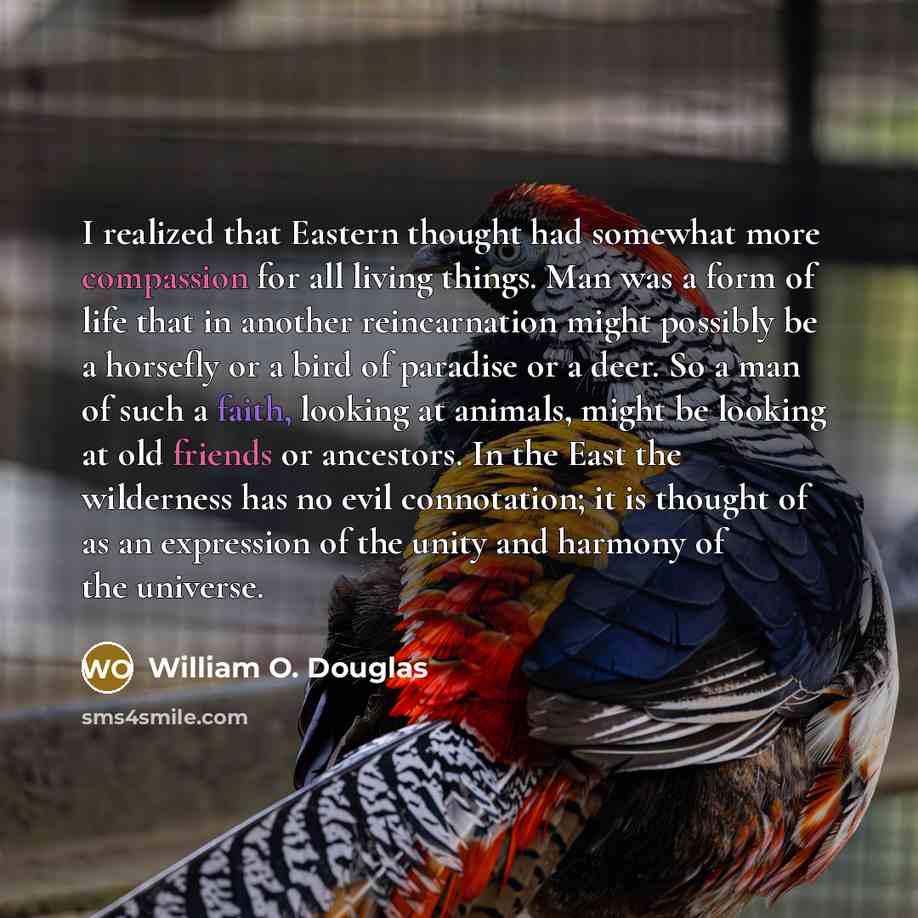 “I realized that Eastern thought had somewhat more compassion for all living things. Man was a form of life that in another reincarnation might possibly be a horsefly or a bird of paradise or a deer. So a man of such a faith, looking at animals, might be looking at old friends or ancestors. In the…” quote by William O. Douglas