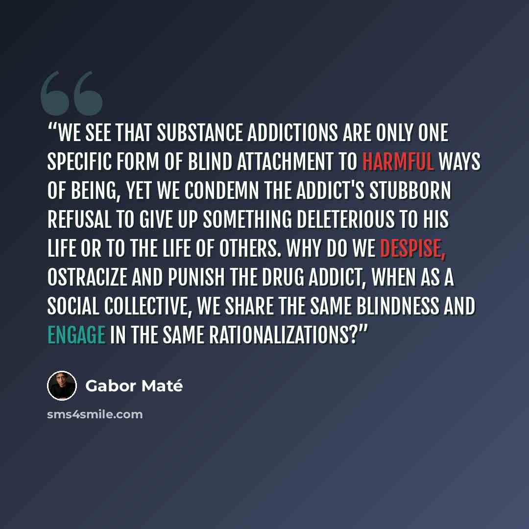 “We see that substance addictions are only one specific form of blind attachment to harmful ways of being, yet we condemn the addict's stubborn refusal to give up something deleterious to his life or to the life of others. Why do we despise, ostracize and punish the drug addict, when as a social…” quote by Gabor Maté