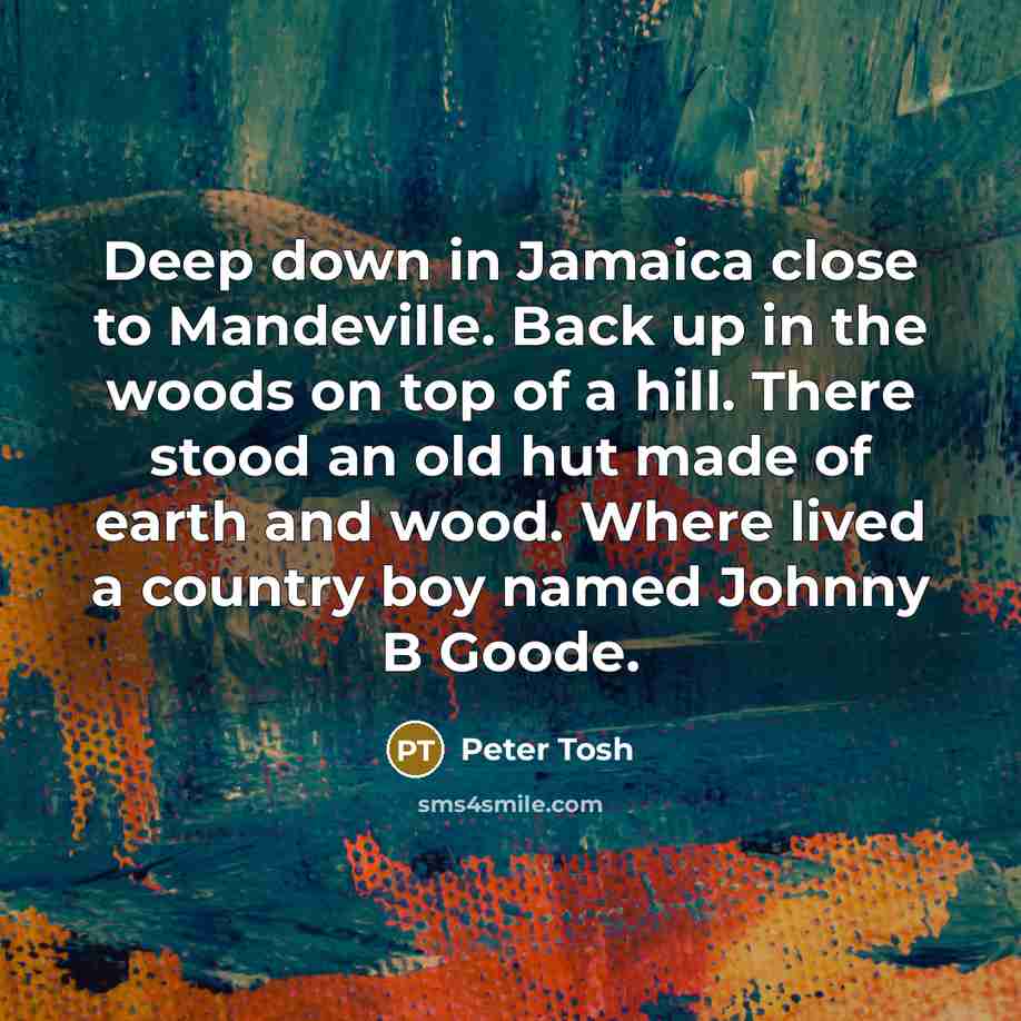 “Deep down in Jamaica close to Mandeville. Back up in the woods on top of a hill. There stood an old hut made of earth and wood. Where lived a country boy named Johnny B Goode.” quote by Peter Tosh