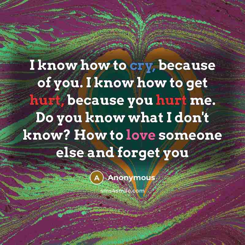 “I know how to cry, because of you. I know how to get hurt, because you hurt me. Do you know what I don't know? How to love someone else and forget you” quote by Anonymous