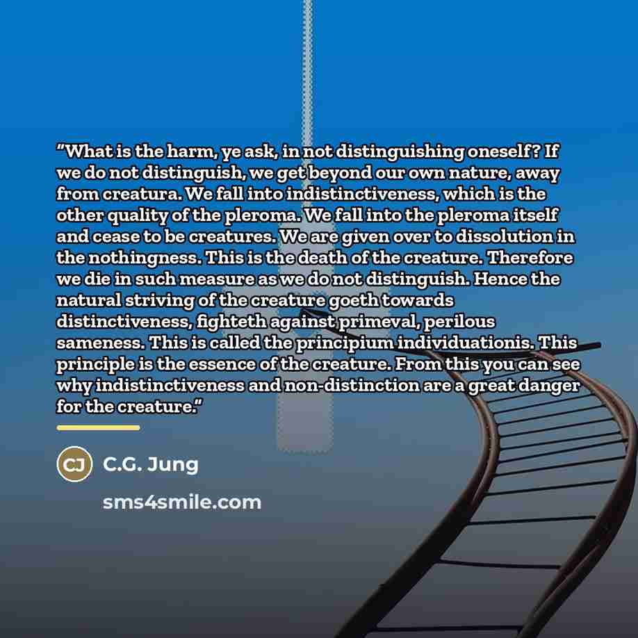 “What is the harm, ye ask, in not distinguishing oneself? If we do not distinguish, we get beyond our own nature, away from creatura. We fall into indistinctiveness, which is the other quality of the pleroma. We fall into the pleroma itself and cease to be creatures. We are given over to…” quote by C.G. Jung