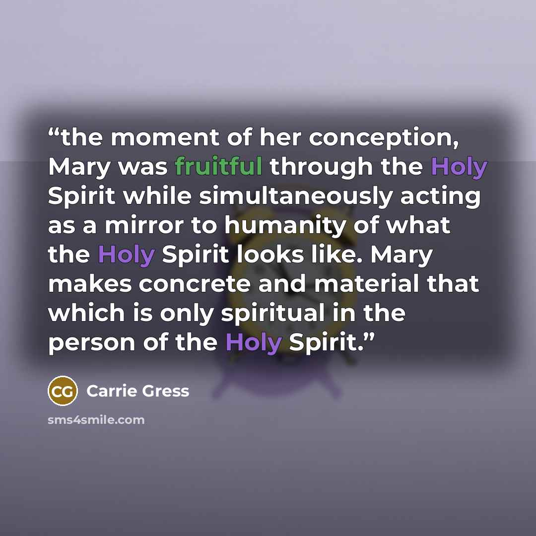 “the moment of her conception, Mary was fruitful through the Holy Spirit while simultaneously acting as a mirror to humanity of what the Holy Spirit looks like. Mary makes concrete and material that which is only spiritual in the person of the Holy Spirit.” quote by Carrie Gress