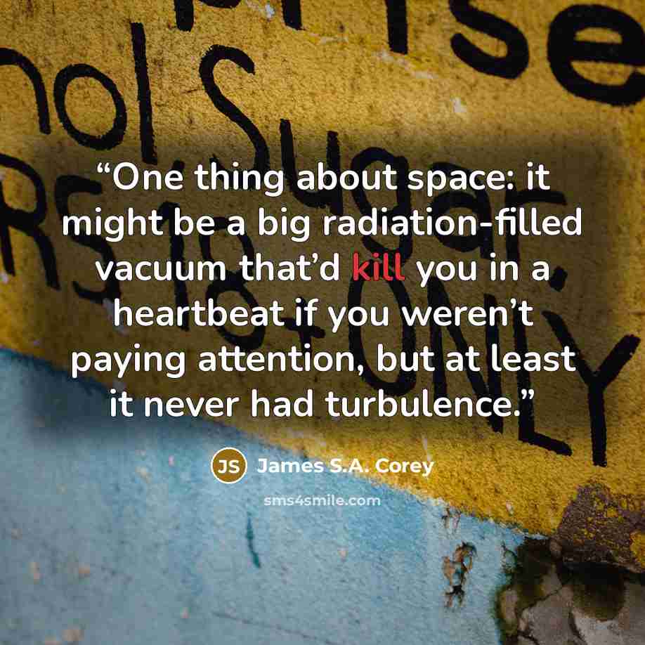 “One thing about space: it might be a big radiation-filled vacuum that’d kill you in a heartbeat if you weren’t paying attention, but at least it never had turbulence.” quote by James S.A. Corey