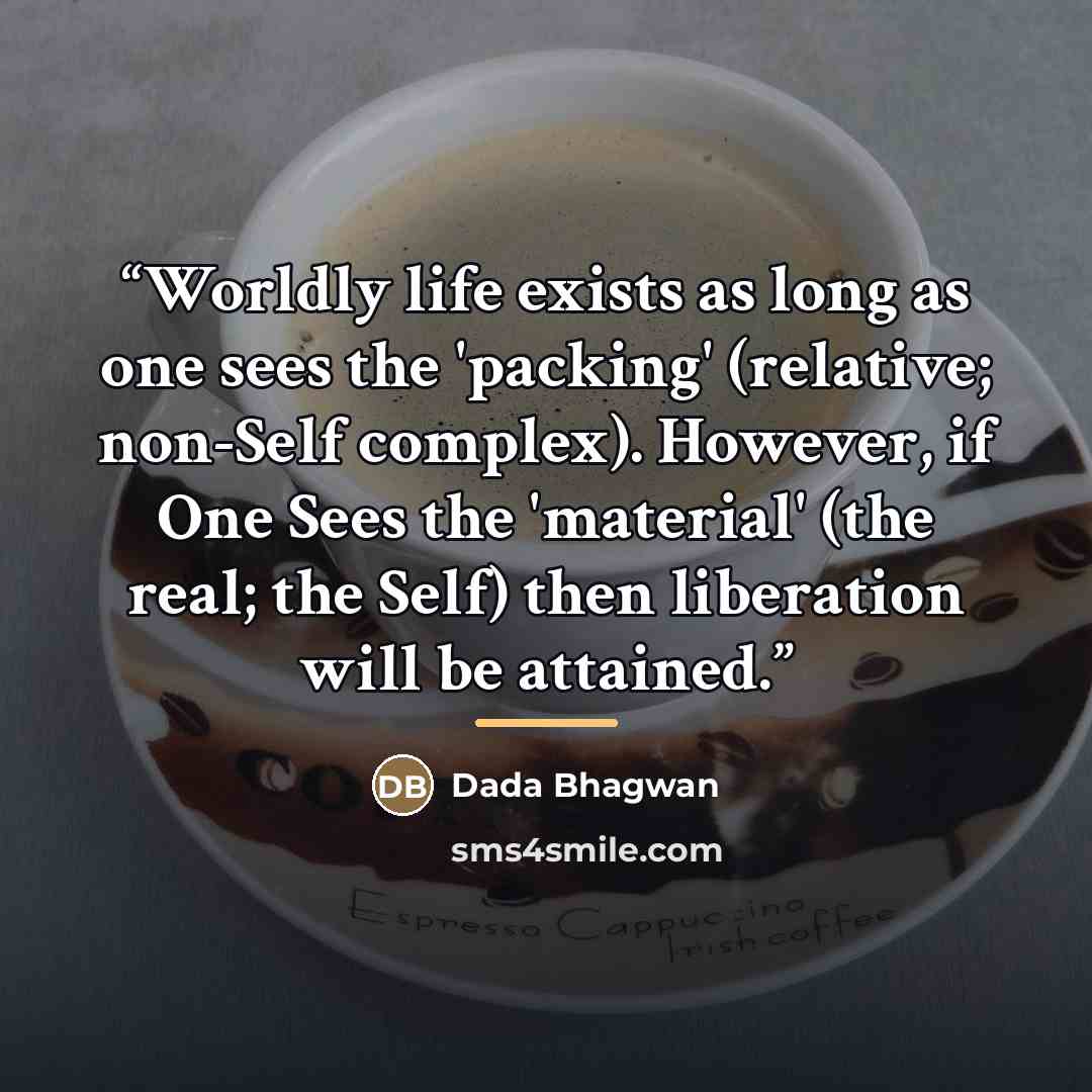 “Worldly life exists as long as one sees the 'packing' (relative; non-Self complex). However, if One Sees the 'material' (the real; the Self) then liberation will be attained.” quote by Dada Bhagwan