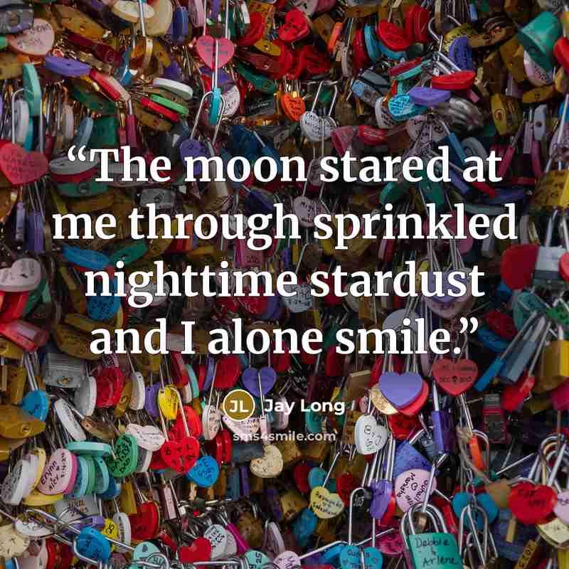 “The moon stared at me through sprinkled nighttime stardust and I alone smile.” quote by Jay Long