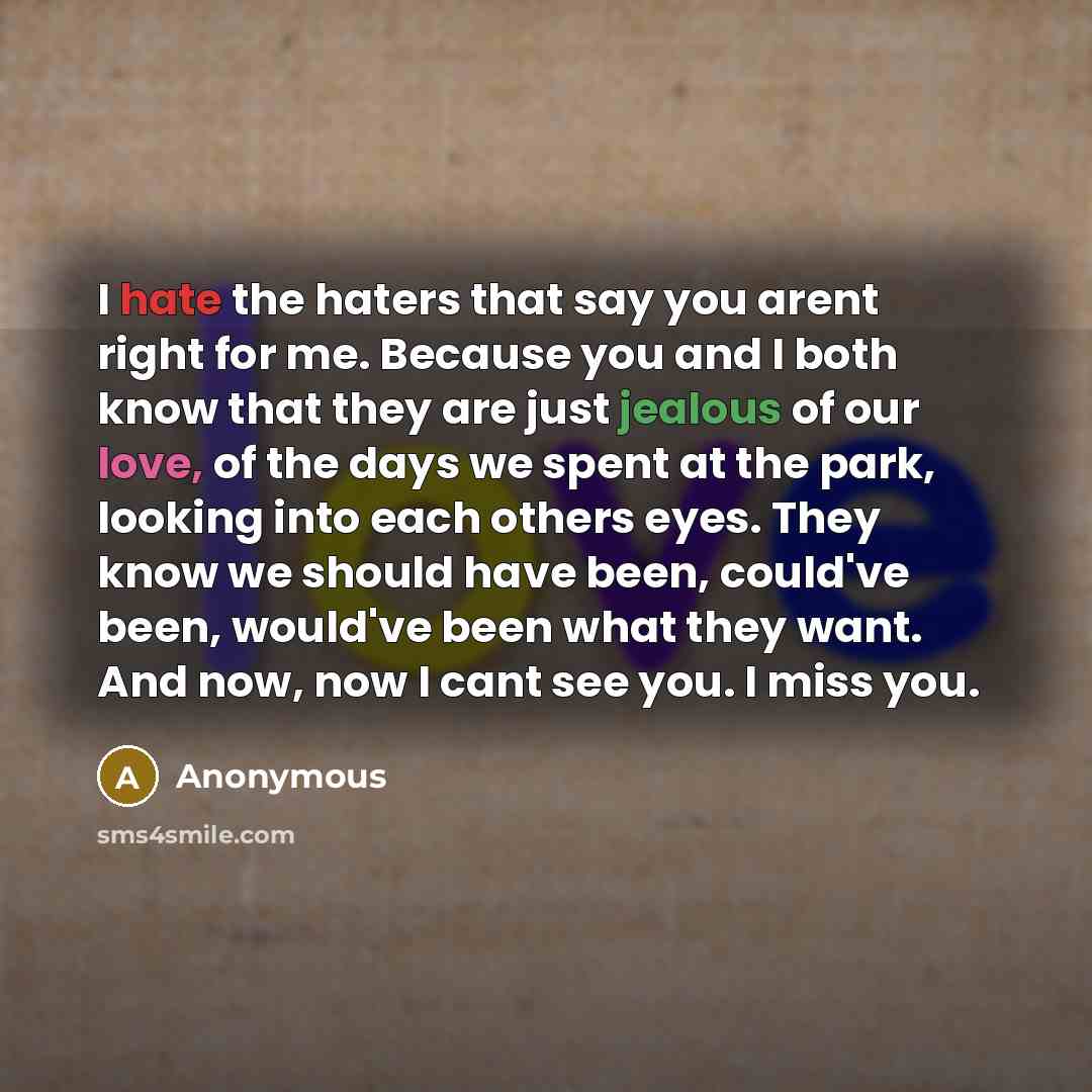 “I hate the haters that say you arent right for me. Because you and I both know that they are just jealous of our love, of the days we spent at the park, looking into each others eyes. They know we should have been, could've been, would've been what they want. And now, now I cant see you. I miss you.” quote by Anonymous