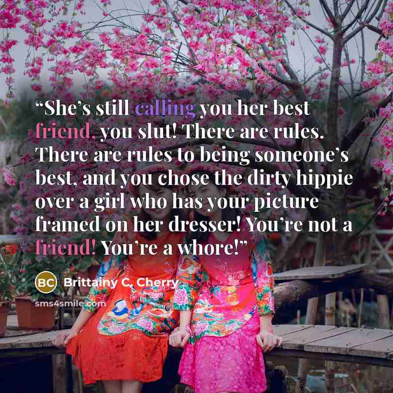 “She’s still calling you her best friend, you slut! There are rules. There are rules to being someone’s best, and you chose the dirty hippie over a girl who has your picture framed on her dresser! You’re not a friend! You’re a whore!” quote by Brittainy C. Cherry