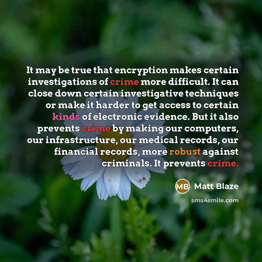 “It may be true that encryption makes certain investigations of crime more difficult. It can close down certain investigative techniques or make it harder to get access to certain kinds of electronic evidence. But it also prevents crime by making our computers, our infrastructure, our medical…” quote by Matt Blaze