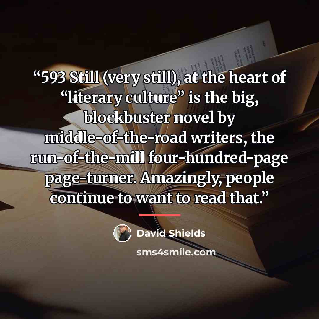“593 Still (very still), at the heart of “literary culture” is the big, blockbuster novel by middle-of-the-road writers, the run-of-the-mill four-hundred-page page-turner. Amazingly, people continue to want to read that.” quote by David Shields
