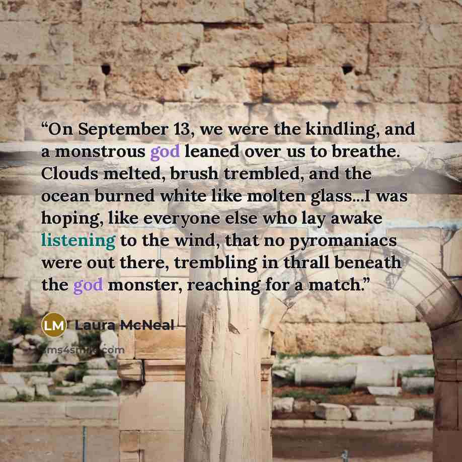 “On September 13, we were the kindling, and a monstrous god leaned over us to breathe. Clouds melted, brush trembled, and the ocean burned white like molten glass...I was hoping, like everyone else who lay awake listening to the wind, that no pyromaniacs were out there, trembling in thrall beneath…” quote by Laura McNeal