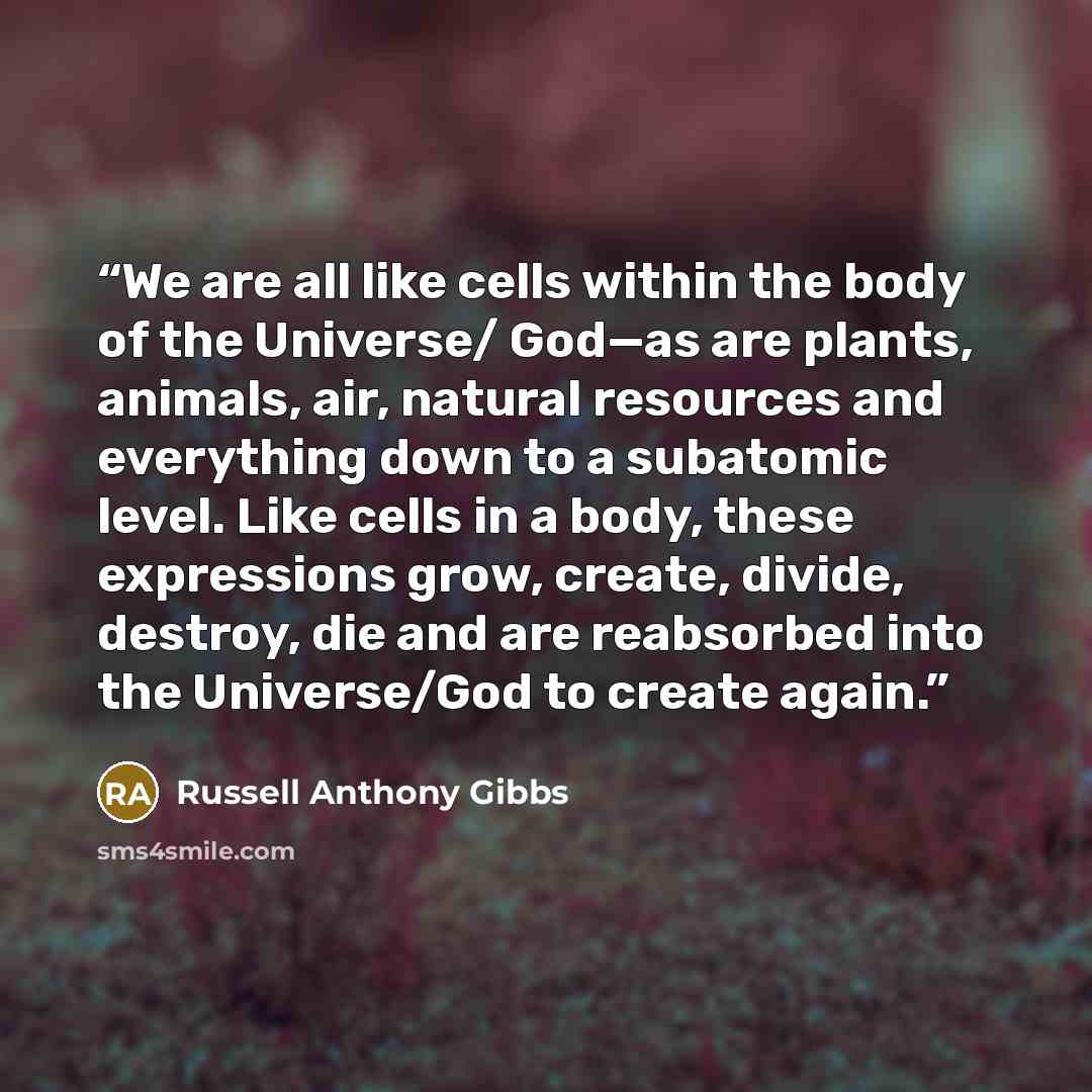 “We are all like cells within the body of the Universe/ God—as are plants, animals, air, natural resources and everything down to a subatomic level. Like cells in a body, these expressions grow, create, divide, destroy, die and are reabsorbed into the Universe/God to create again.” quote by Russell Anthony Gibbs