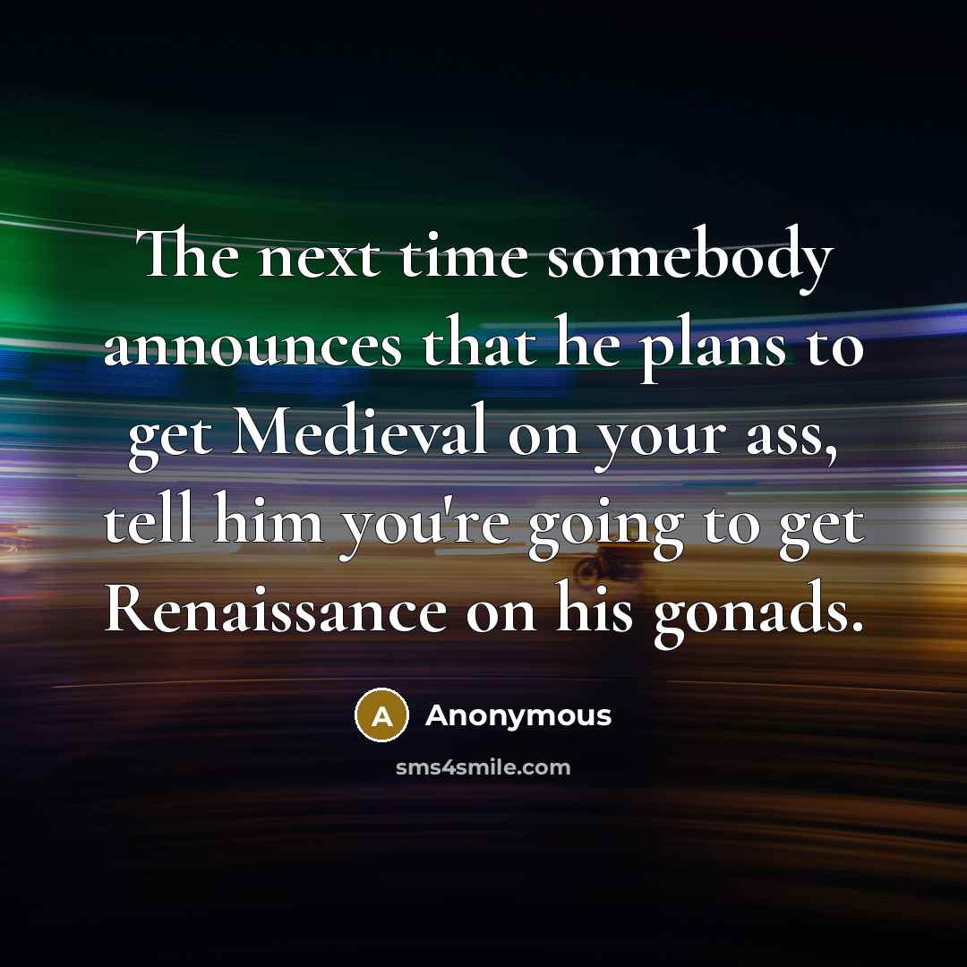 “The next time somebody announces that he plans to get Medieval on your ass, tell him you're going to get Renaissance on his gonads.” quote by Anonymous